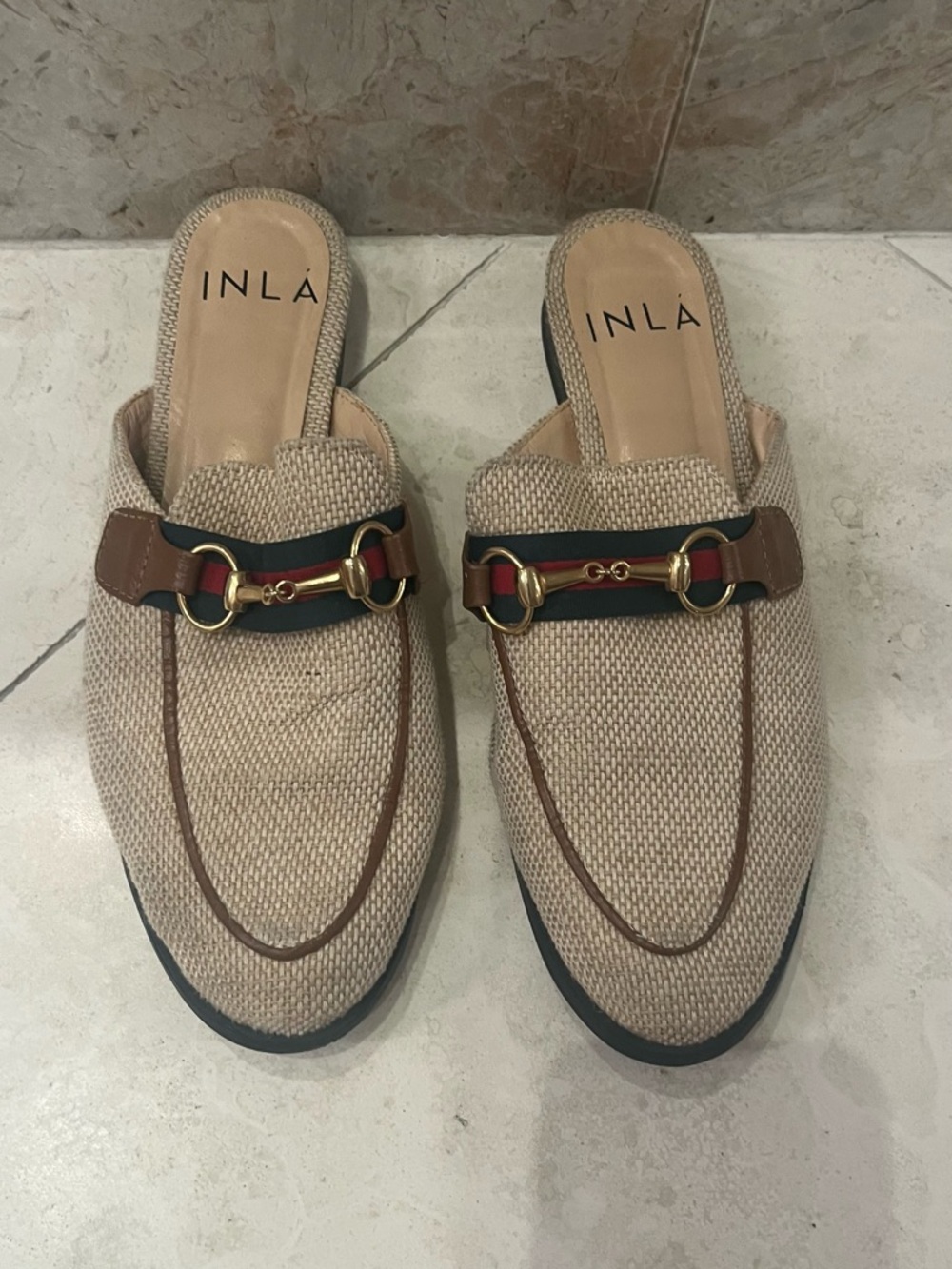 Furla Beige Woven Mule Loafers with Gold Horsebit & Black-Brown Trim